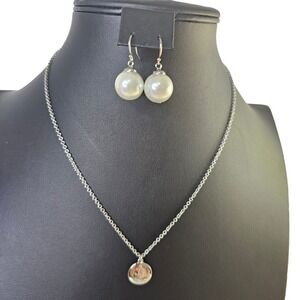 Dainty Anchor Necklace Pearl Earrings Jewelry Set Silver Tone Women Fashion NWOT